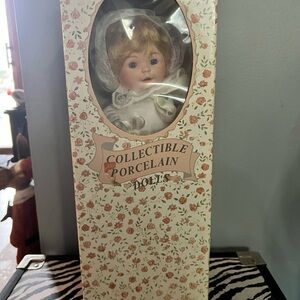 Collectible Porcelain Doll in White Dress